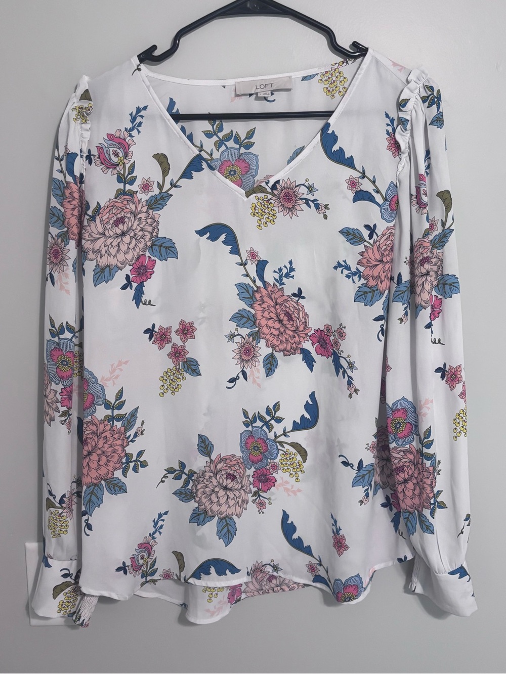LOFT White Floral V-Neck Long Sleeve Blouse with Pink and Blue Flowers